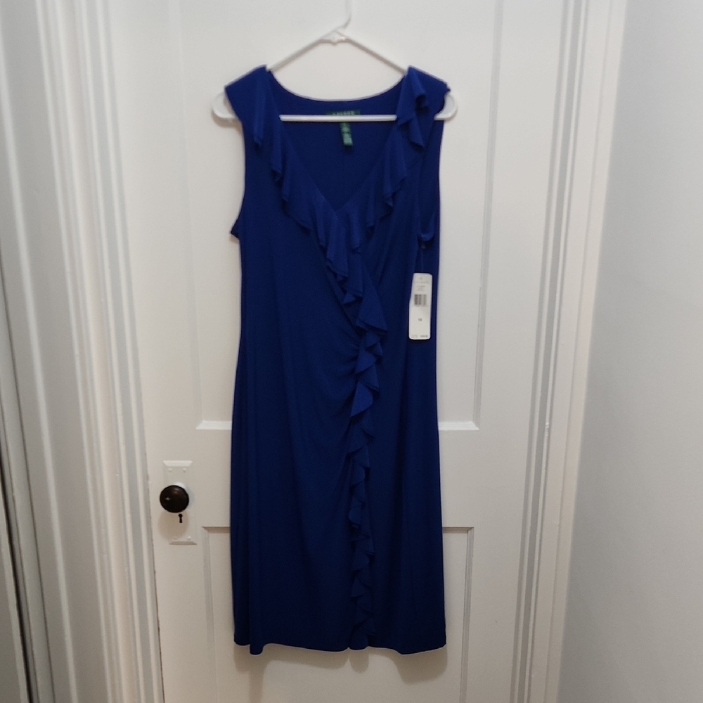 NWT Lauren Ralph Lauren Royal Blue Front Ruffled Dress Size 14
